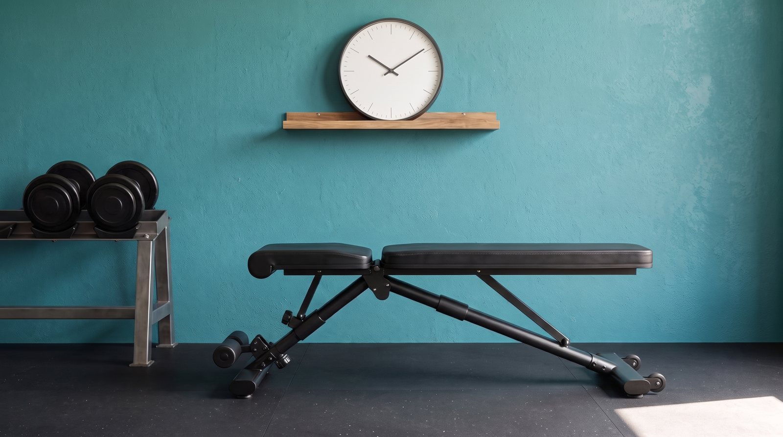 An empty workout bench and dumbbells beneath a plain wall clock.