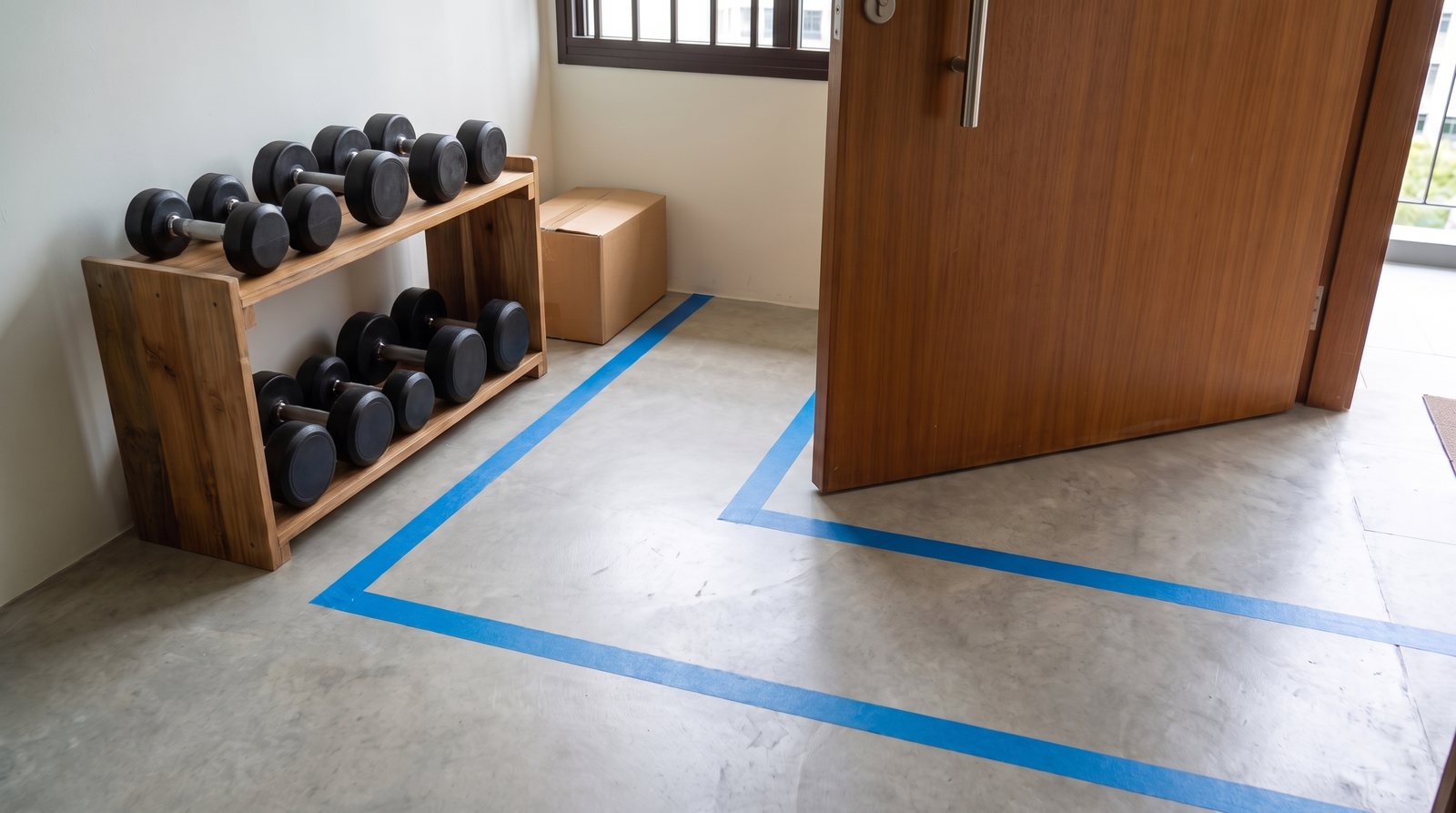 Dumbbells stored beside a doorway with a clear taped access route and carton outside it.