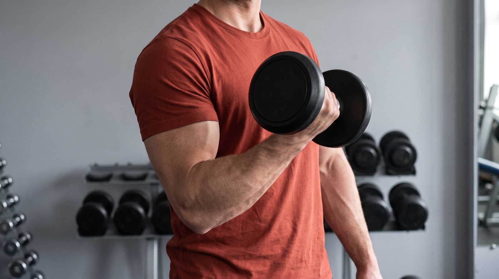 Standing dumbbell curl with the forearm bent and a smooth black dumbbell.