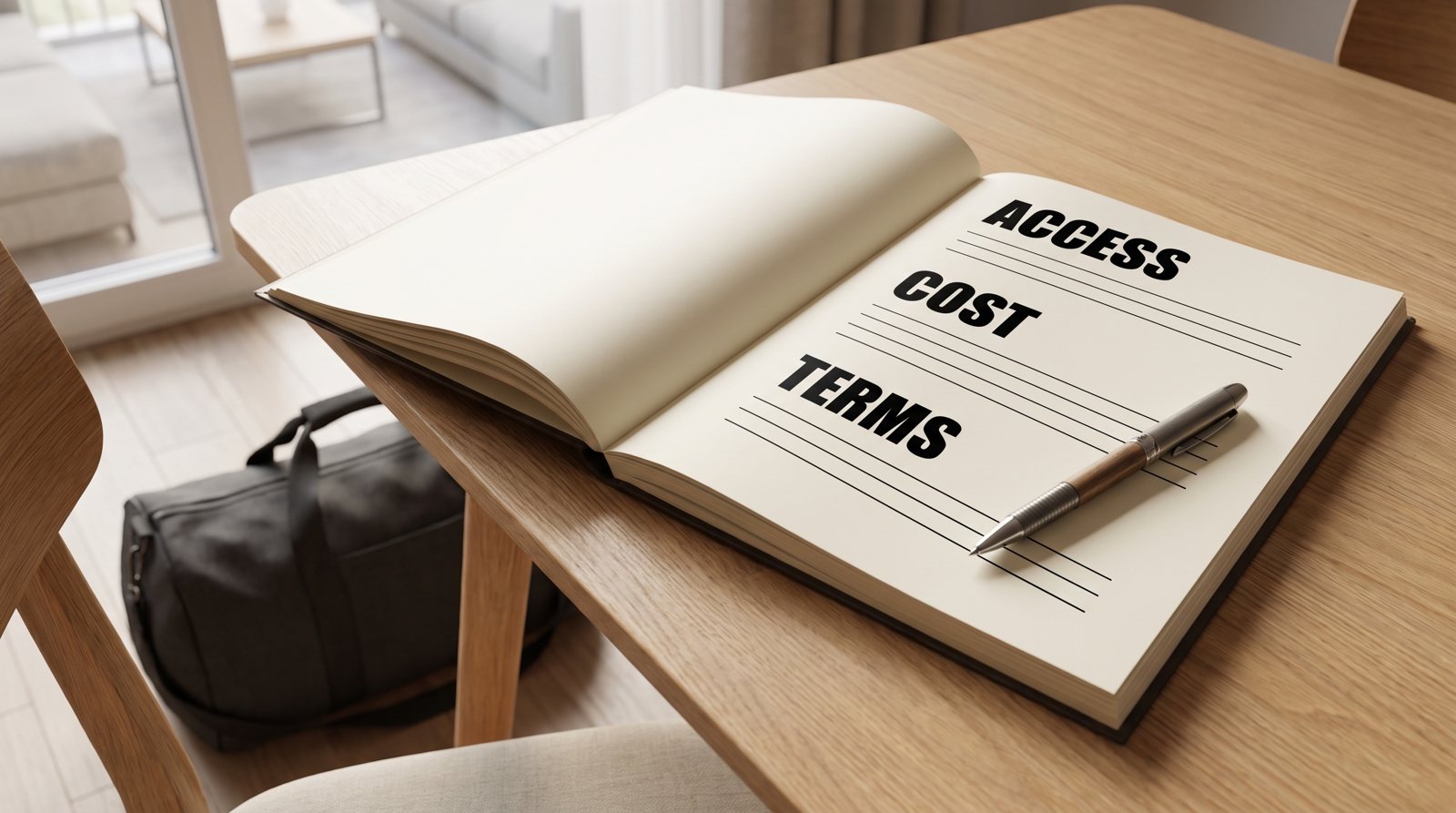A notebook with access, cost and contract headings beside a gym bag.