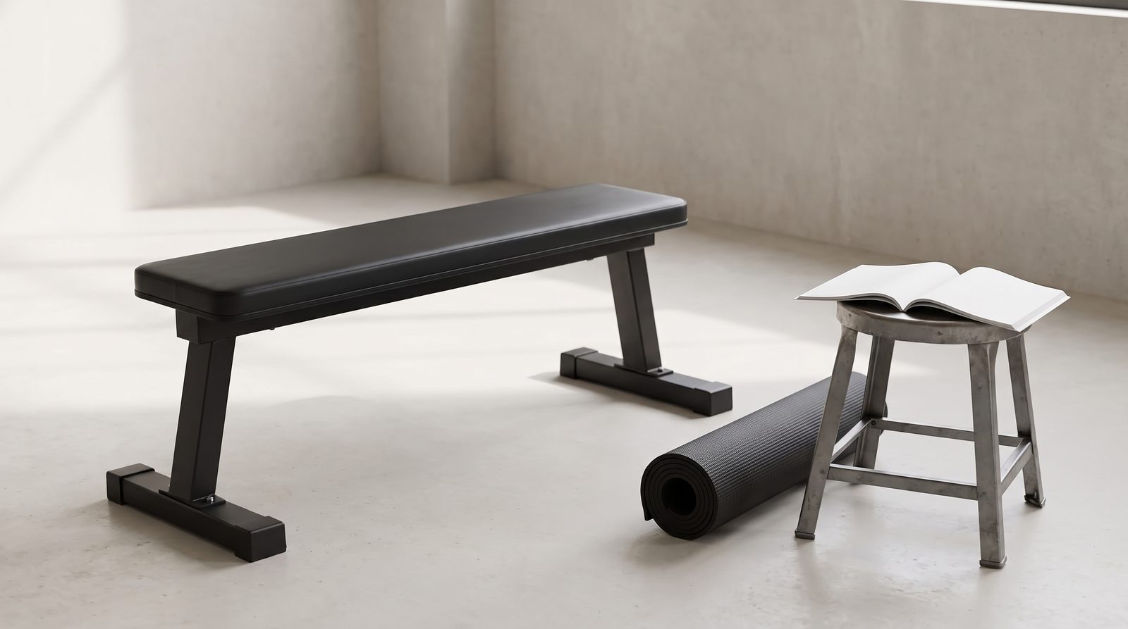 A flat exercise bench, rolled mat and blank booklet in a simple training space.