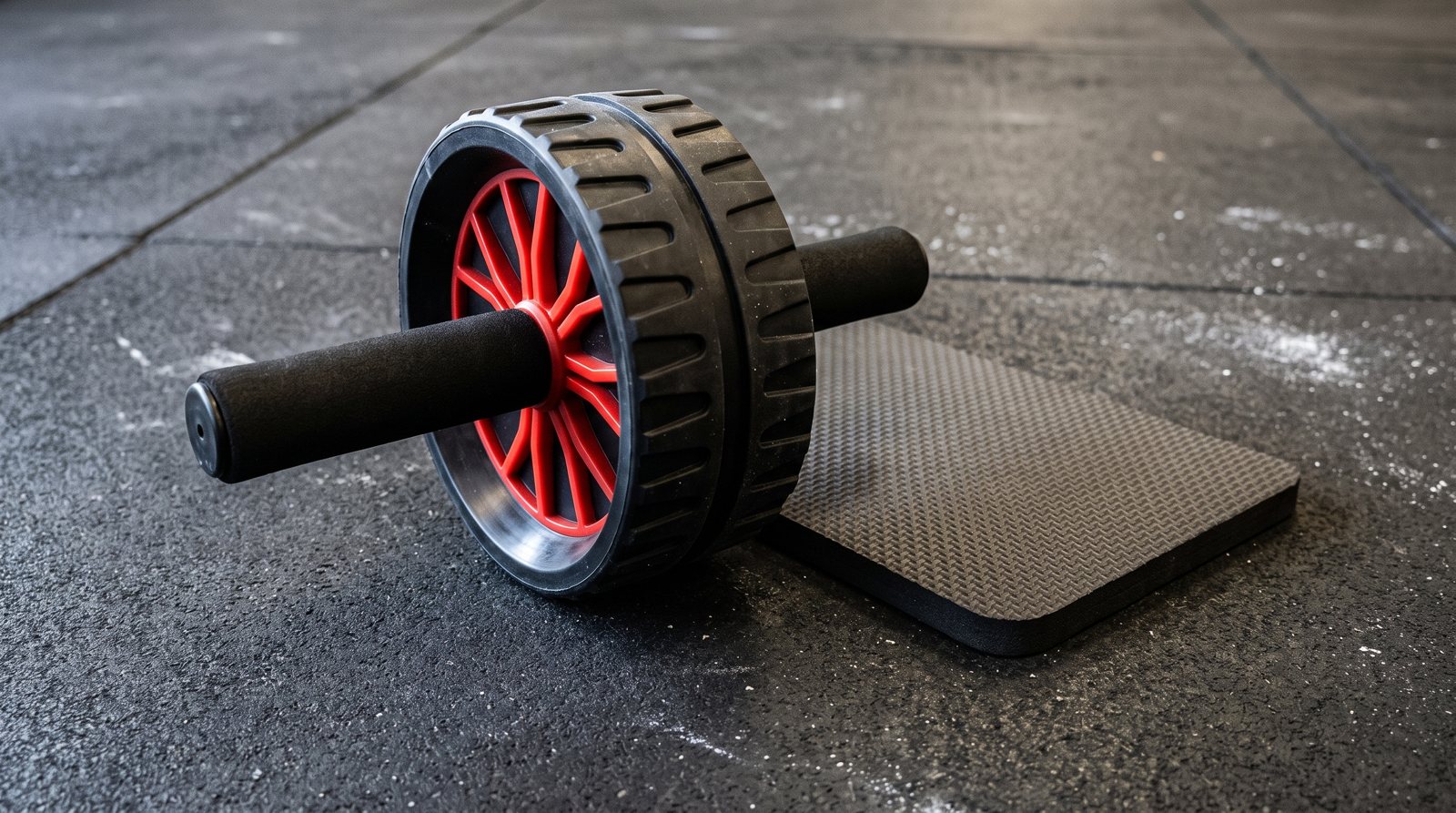 An ab wheel with foam handles beside a kneeling pad.