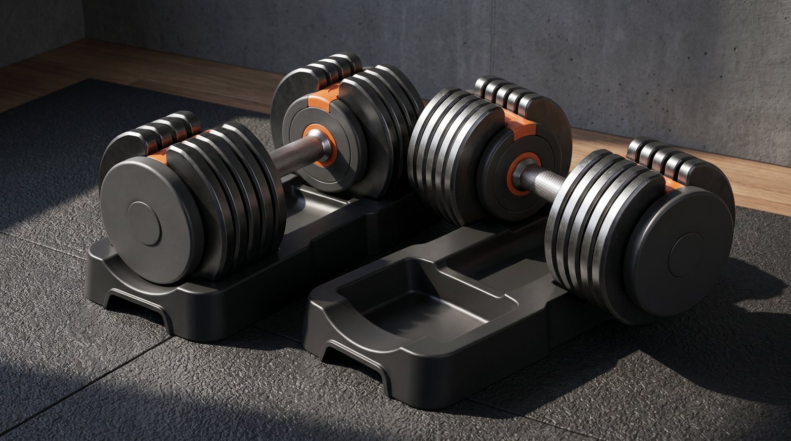 A pair of unbranded adjustable dumbbells with stacked plates resting in their trays.