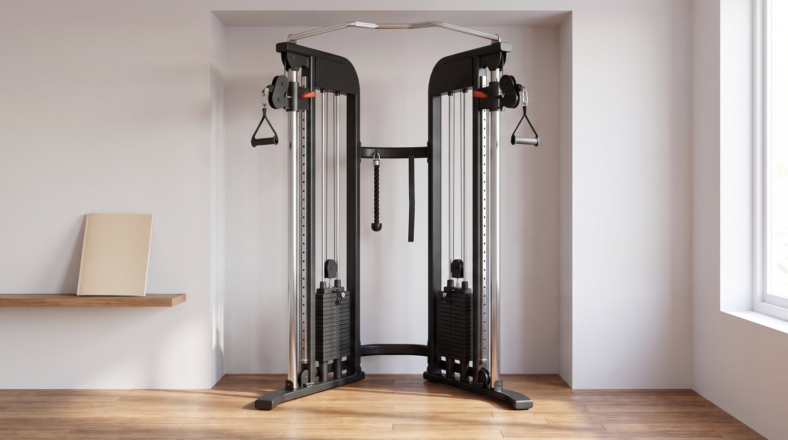 A twin-stack cable trainer with clear floor space in front.