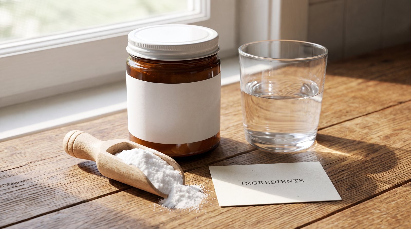 An unbranded supplement container, scoop and water glass beside an ingredients checklist.