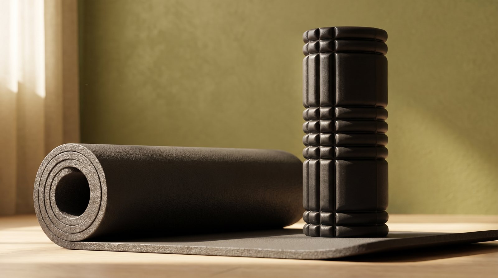 A textured foam roller beside an exercise mat.