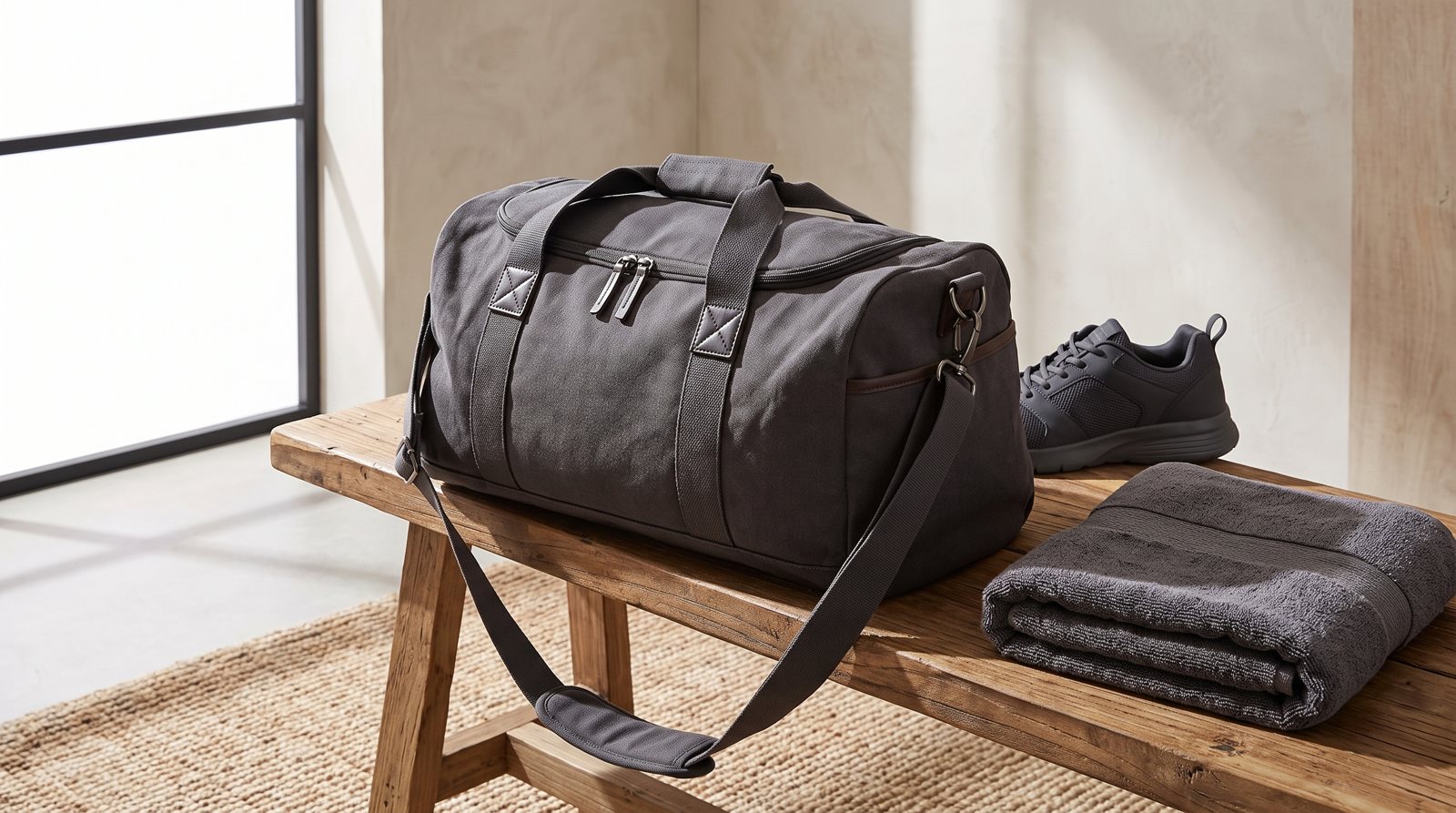 A plain gym bag shown close up with its compartments, handles and zip.