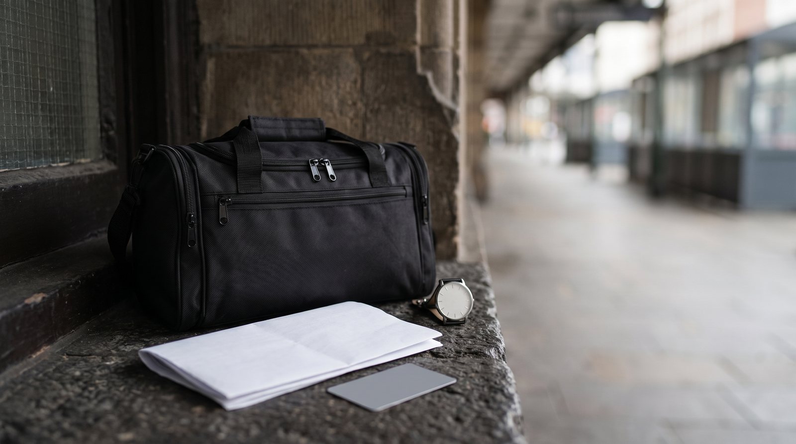 A gym bag, blank route sheet and transit card for planning a gym commute.