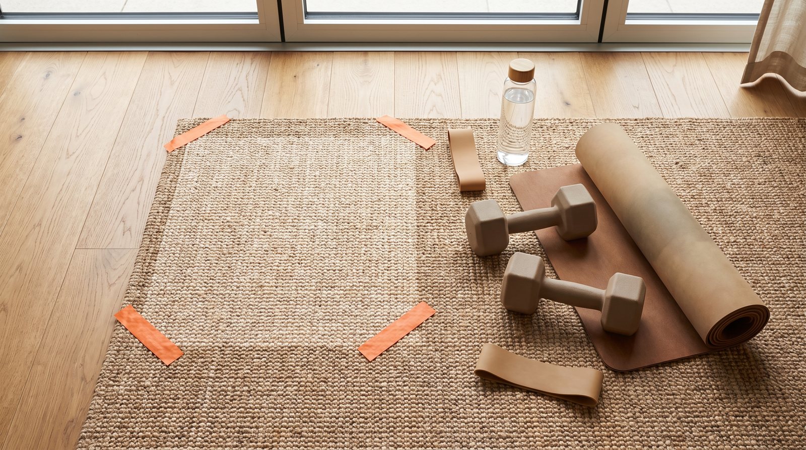 A mat, dumbbells and short resistance loop arranged in a small home exercise area.