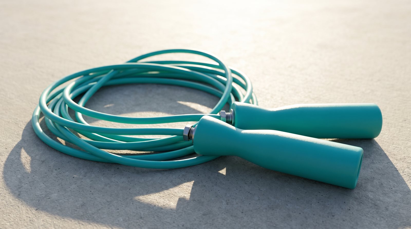 A coiled skipping rope with both handles and their end fittings visible.