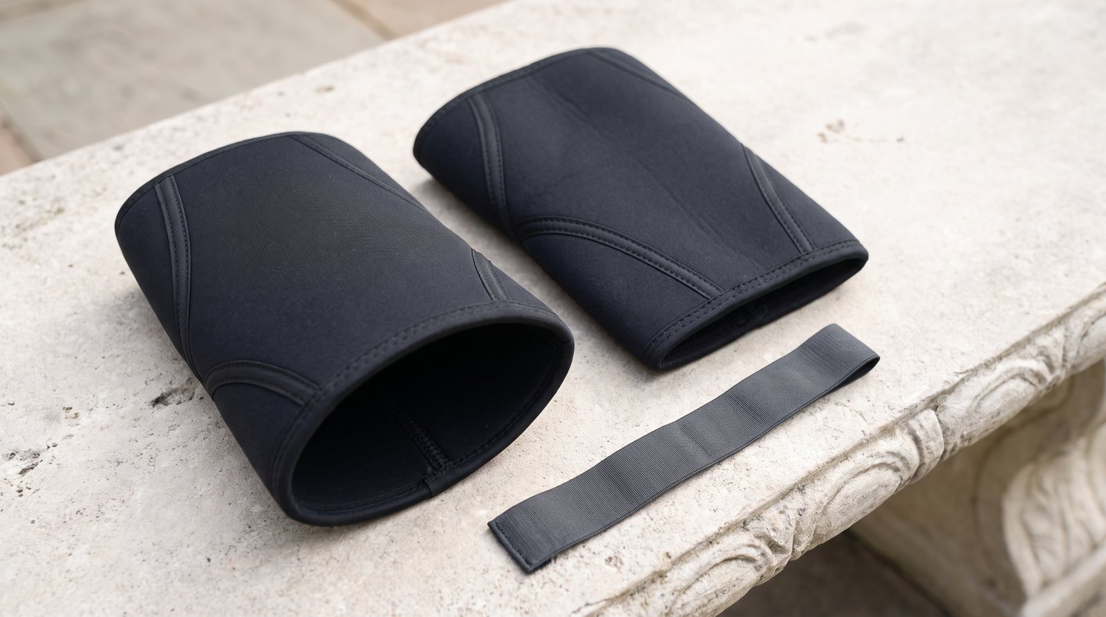 A pair of neoprene knee sleeves with their openings and seams visible.