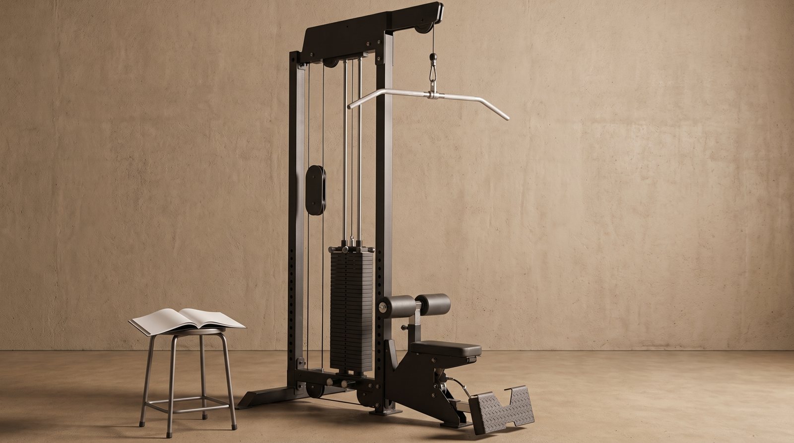 A lat pulldown station with seat, thigh pads and overhead bar.