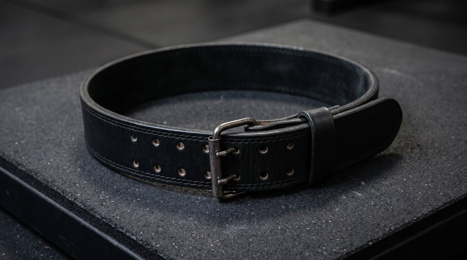 A leather lifting belt showing its buckle, adjustment holes and stitching.