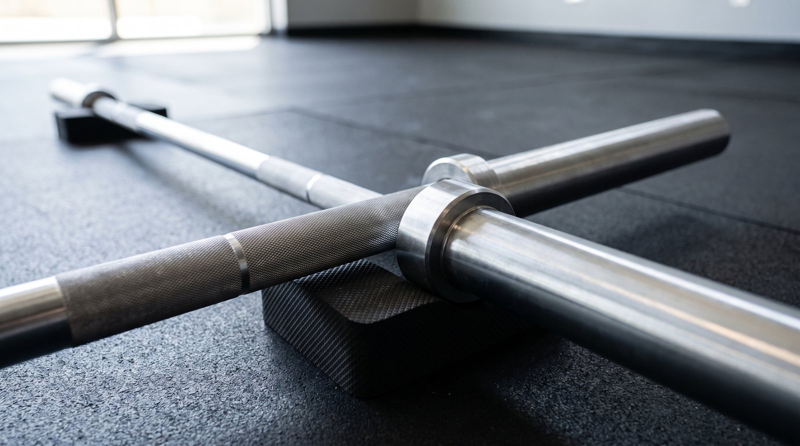 Two barbell shafts and sleeves showing knurled grips and steel surfaces.