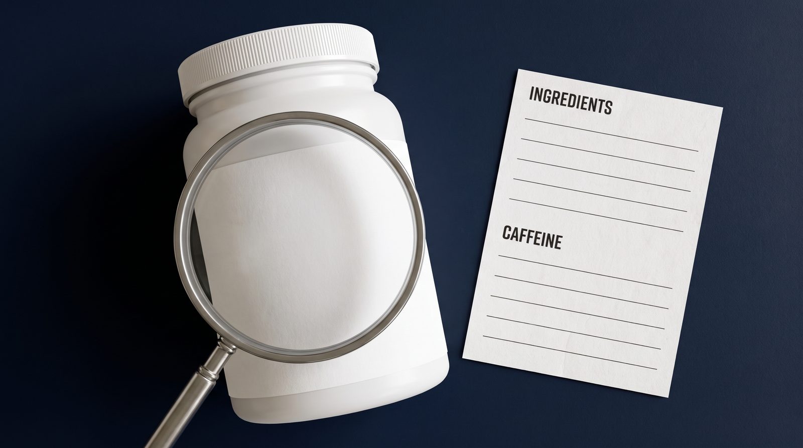 A plain supplement container and magnifying glass beside ingredient and caffeine checklist headings.