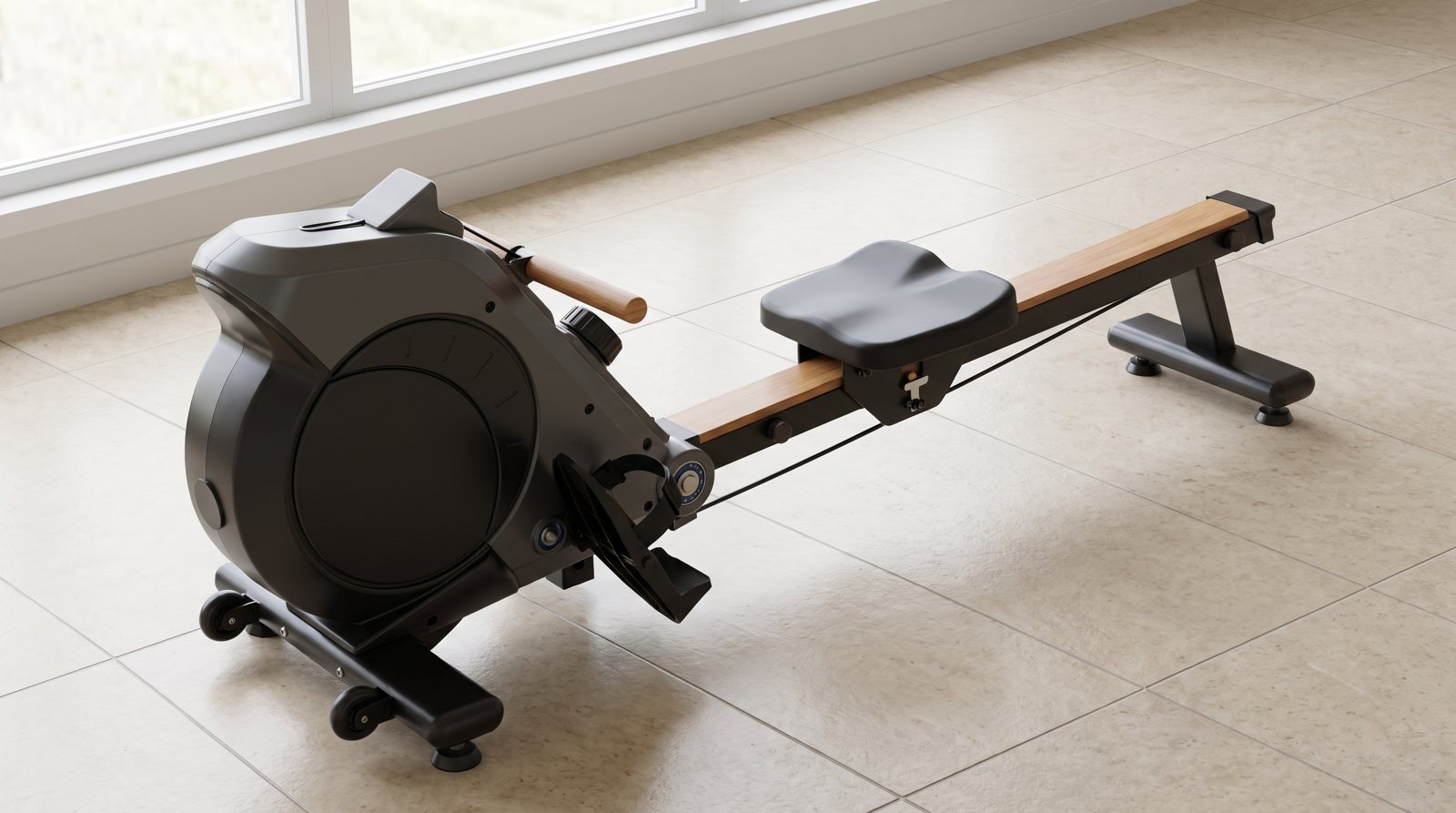 A rowing machine with its rail, seat and footrests visible.