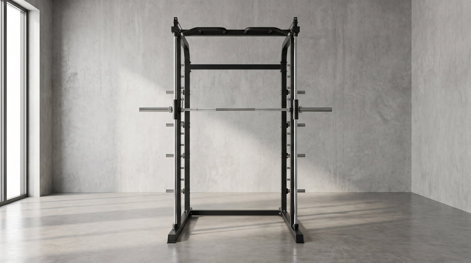 An unloaded Smith machine with its guide rails and floor supports visible.