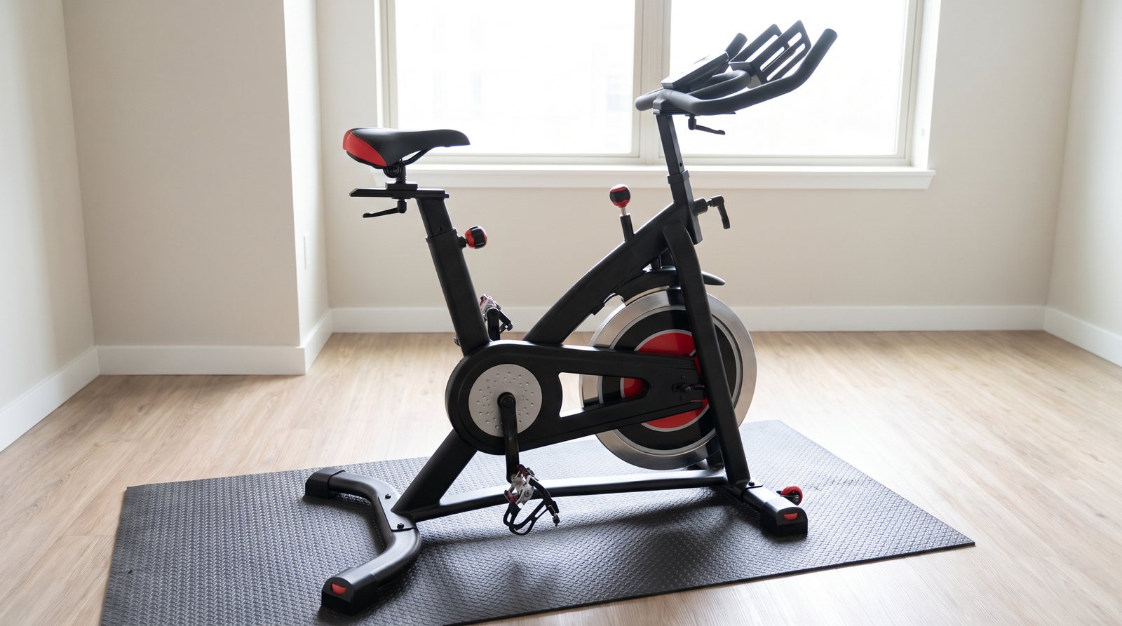 A stationary bike on a mat with its base and pedals clearly visible.