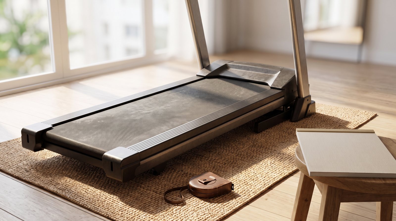 A treadmill belt and frame beside a marked floor area for measuring the available space.