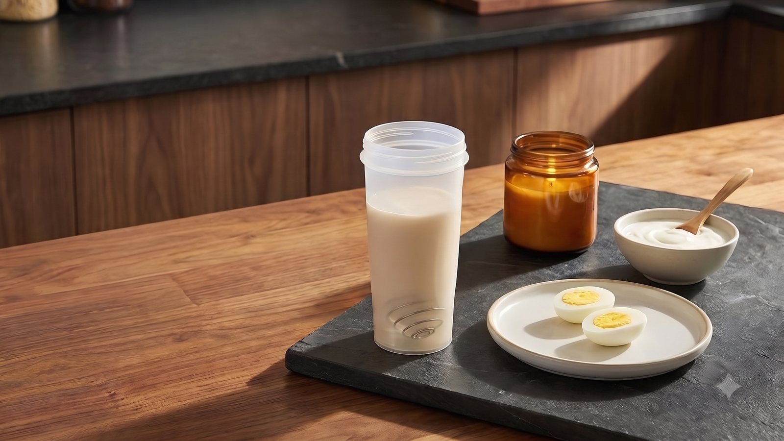 A shaker beside eggs, yoghurt and a jar on a kitchen counter.