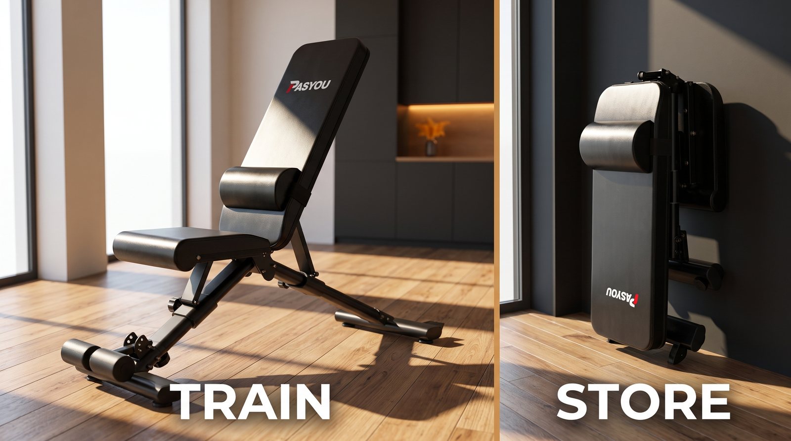 A PASYOU adjustable workout bench in its inclined training position and folded storage position.