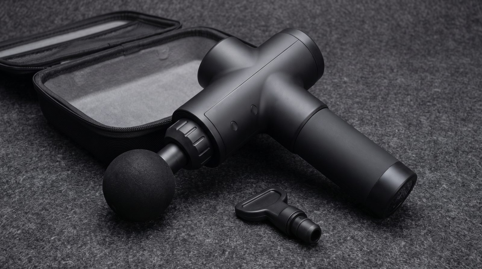 A generic percussion massage device with a fitted ball head and a separate flat attachment.