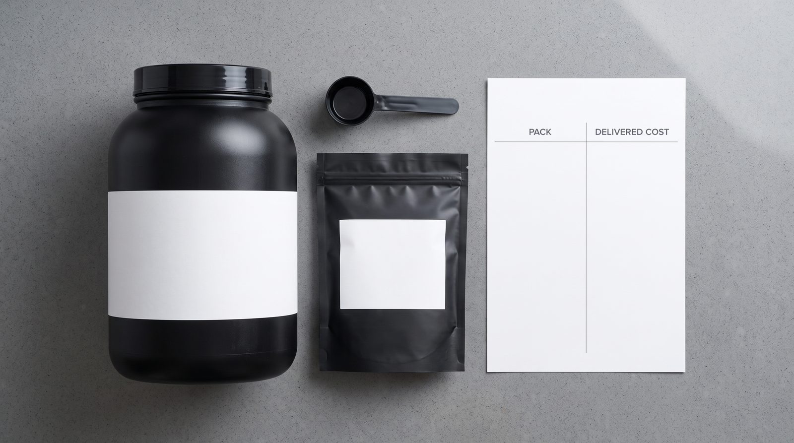 A blank tub and pouch beside a worksheet for comparing pack details and delivered cost.