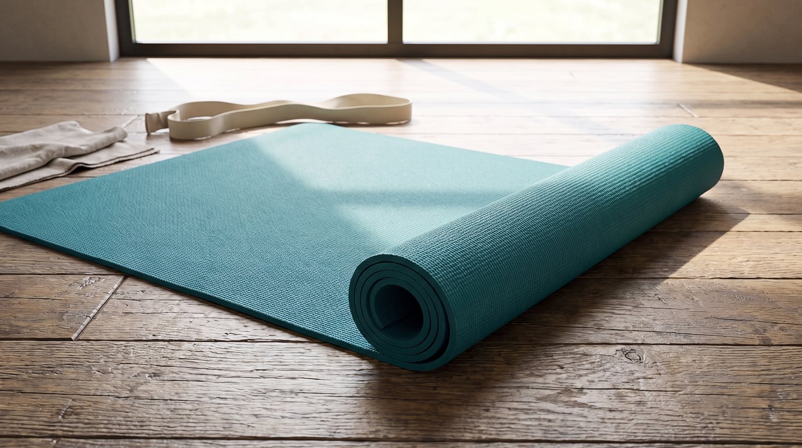 A plain teal exercise mat with a rolled edge showing its surface texture.