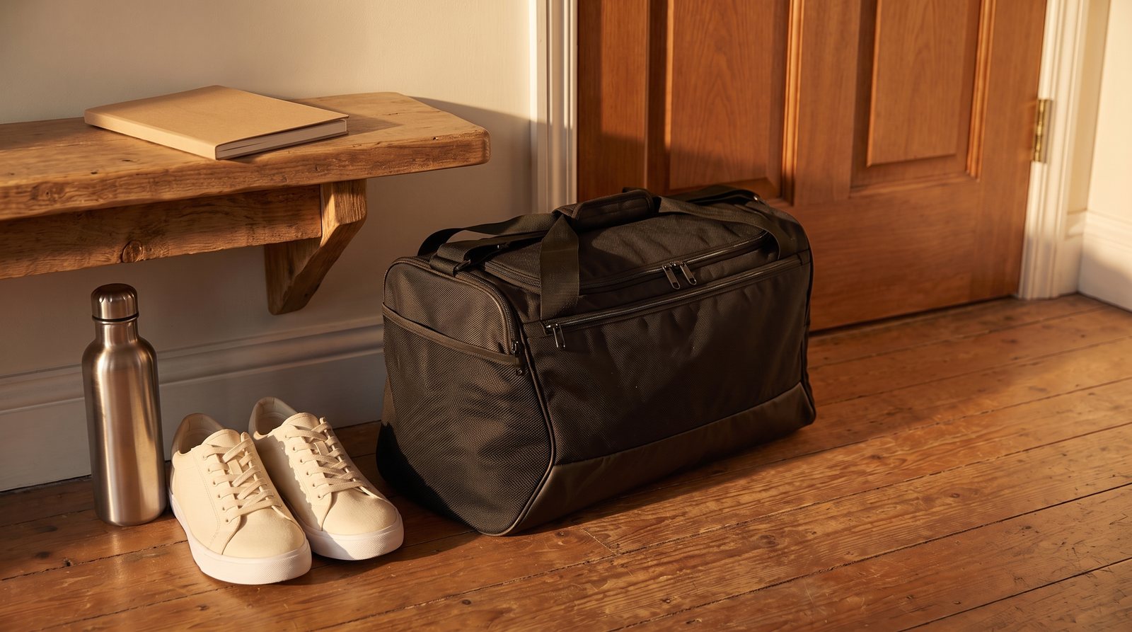 A packed exercise bag and plain canvas trainers ready beside the door.