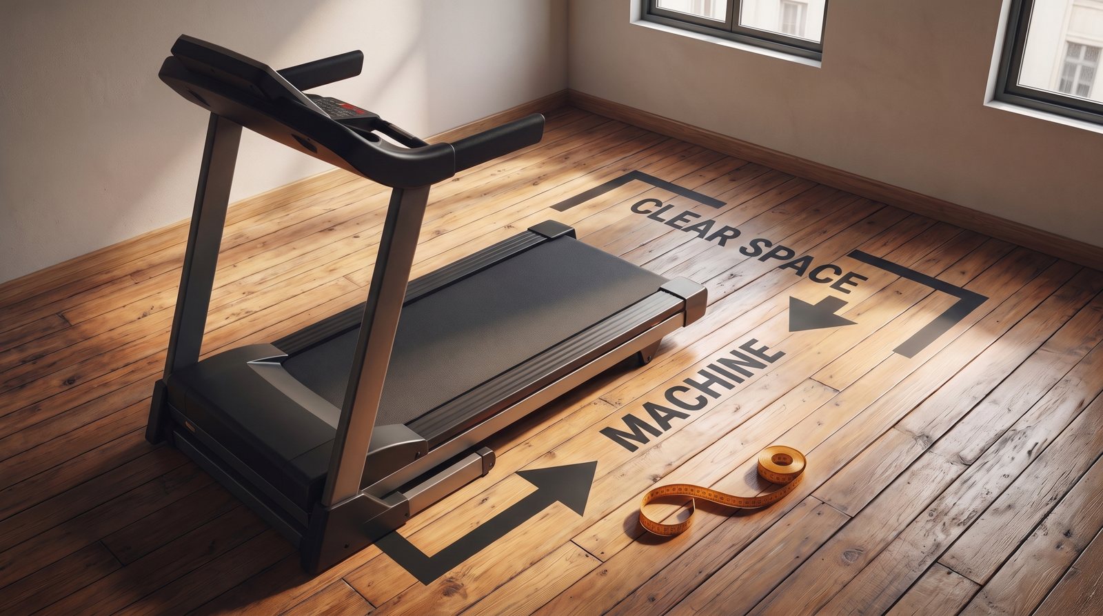 A home treadmill with arrows distinguishing the machine footprint from the clear floor space to measure.