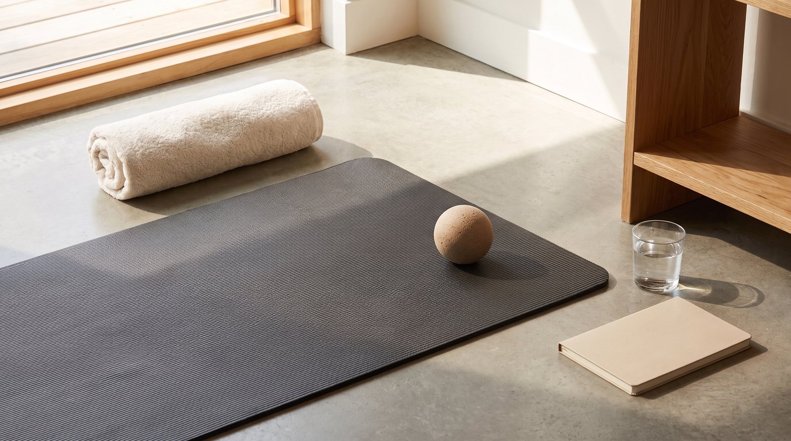 A massage ball, mat and towel beside a blank notebook for comparing recovery tools.
