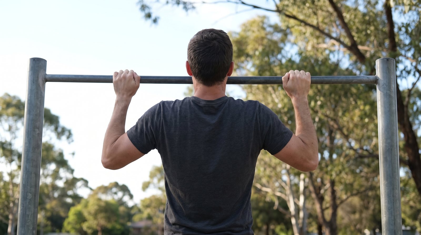 An adult holding an outdoor pull-up bar with bent elbows.