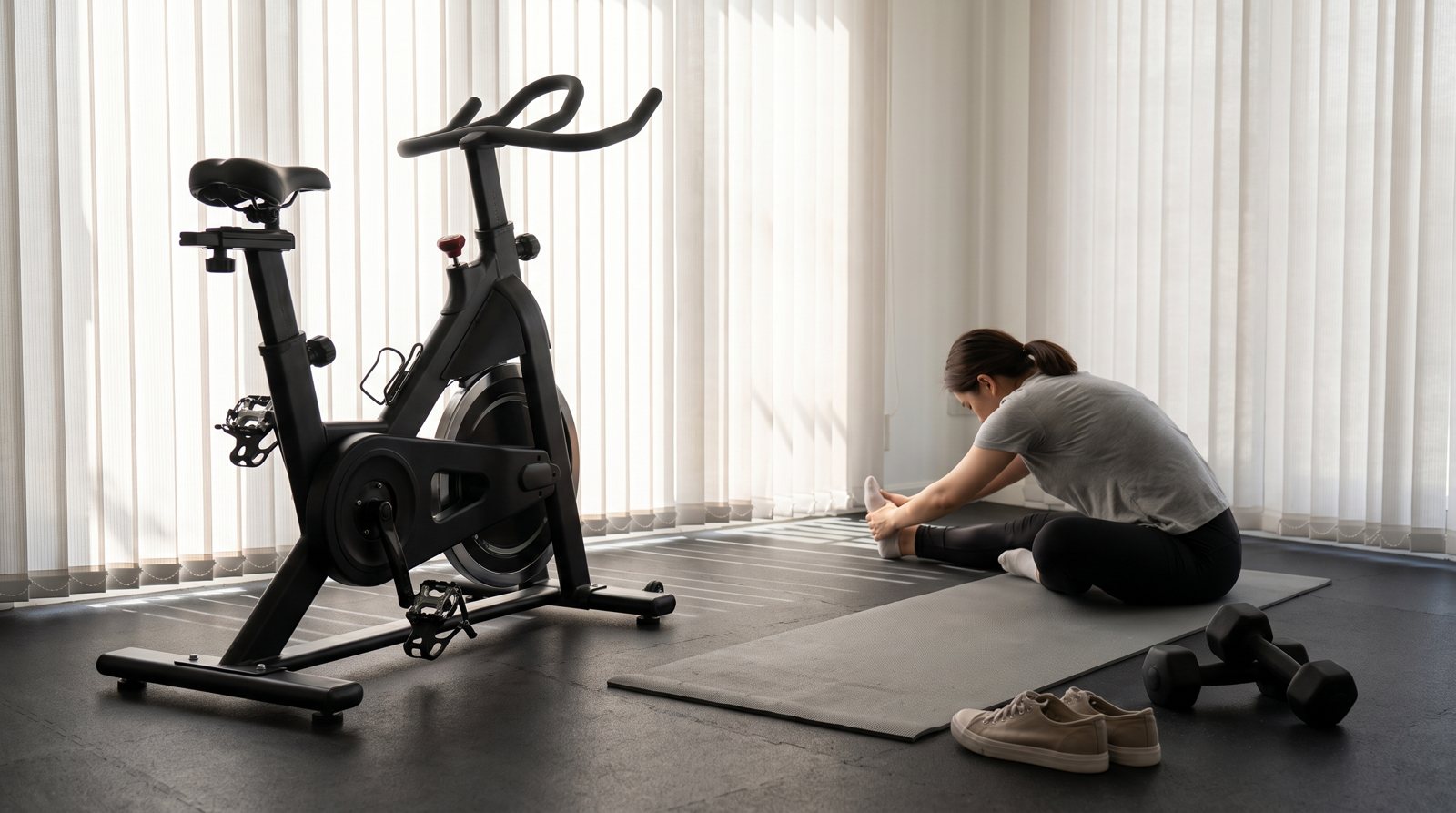 An indoor stationary bike beside a person seated on an exercise mat.