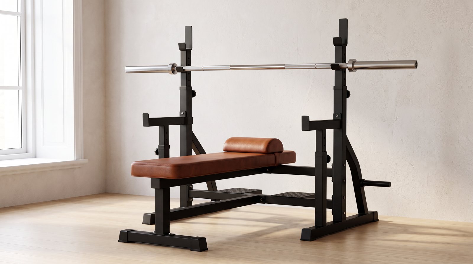 An empty flat bench aligned beneath a supported barbell.