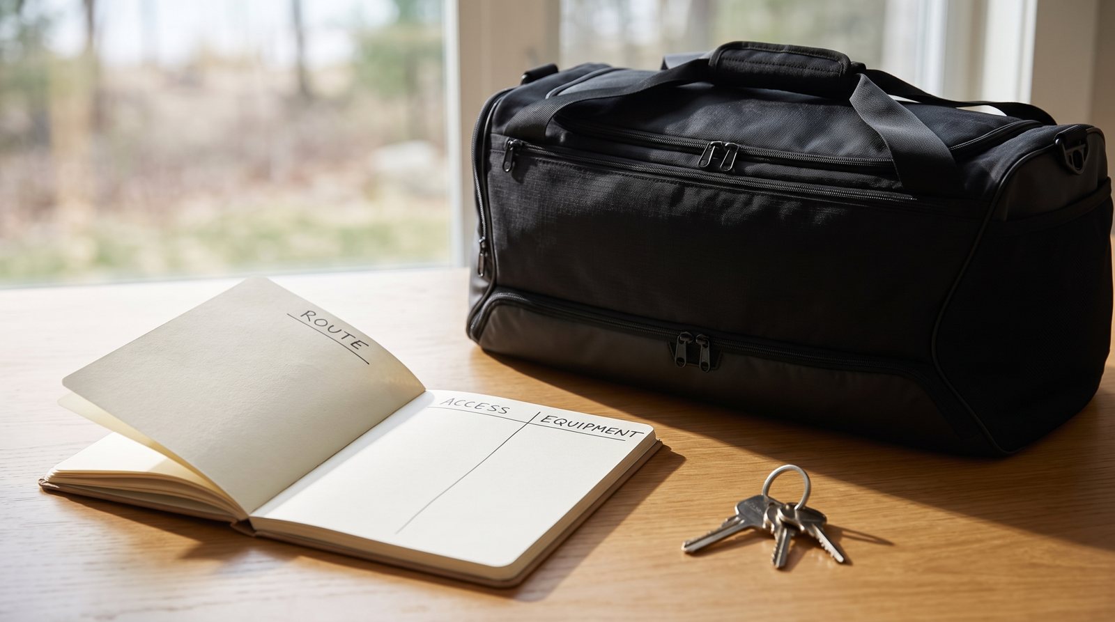 A notebook with route, access and equipment headings for comparing gyms.