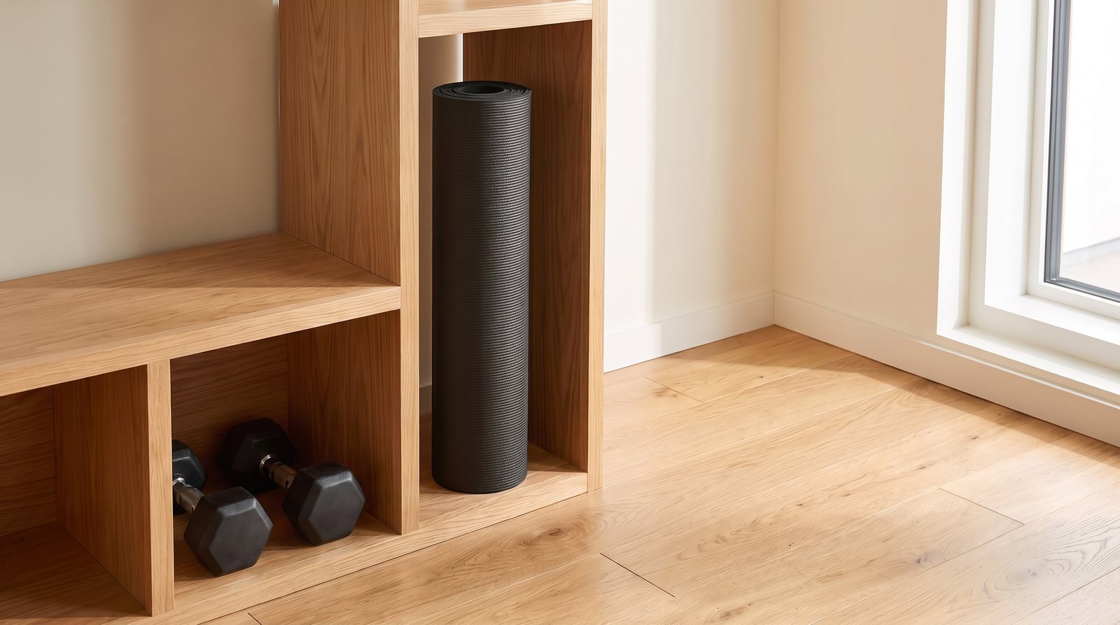 Plain dumbbells and a rolled mat stored in a compact wooden cubby.
