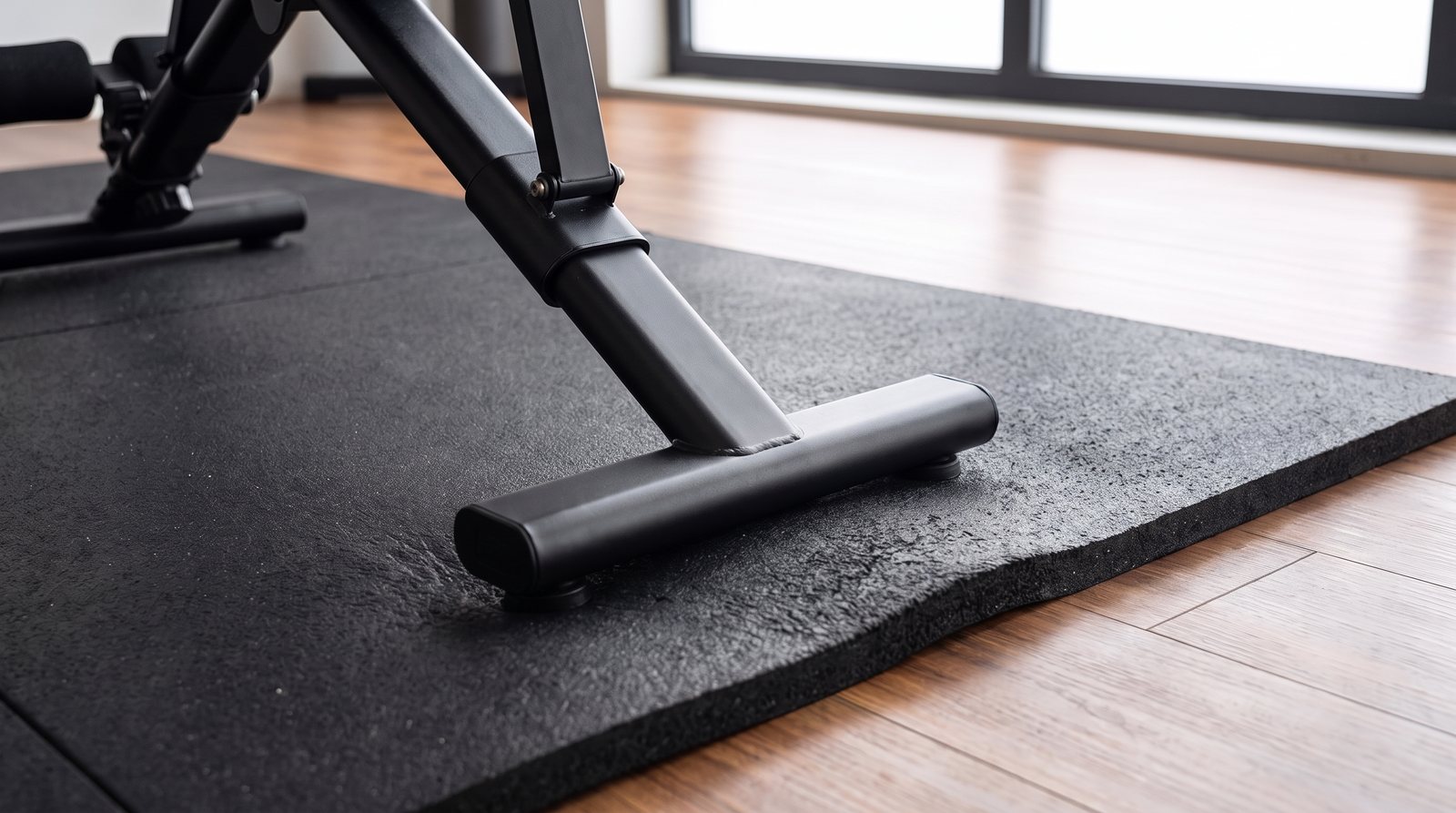 An exercise bench foot resting on a protective rubber mat over an apartment floor.