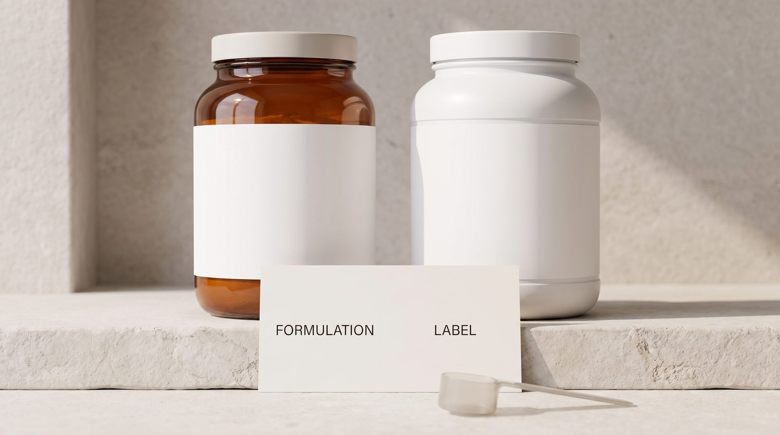 Two unbranded supplement containers beside a formulation and label checklist.