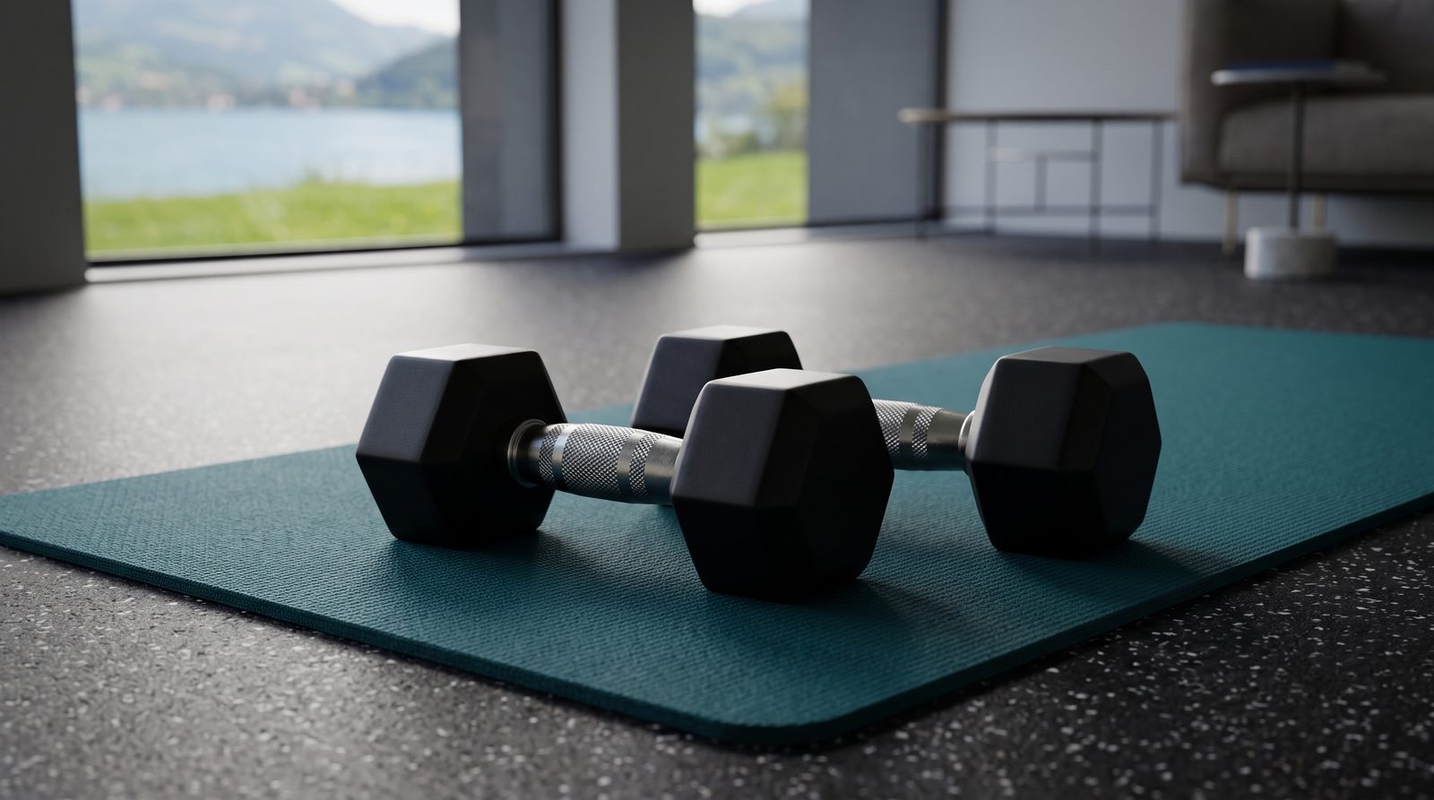 A pair of plain hex dumbbells beside an exercise mat.