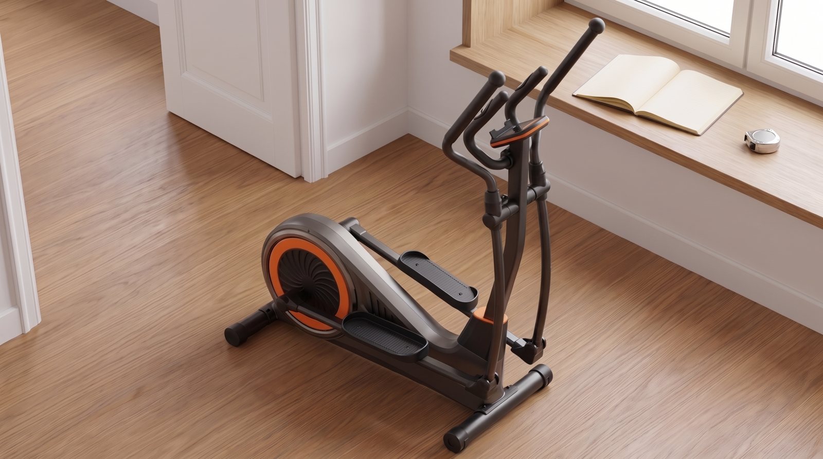 A home elliptical beside a doorway and notebook.
