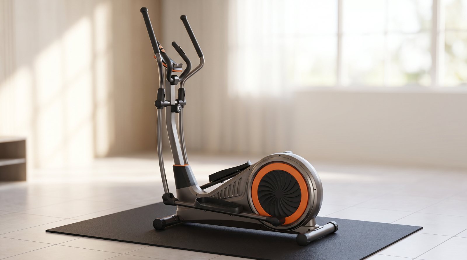 An elliptical trainer showing its linked handles and pedal arms.