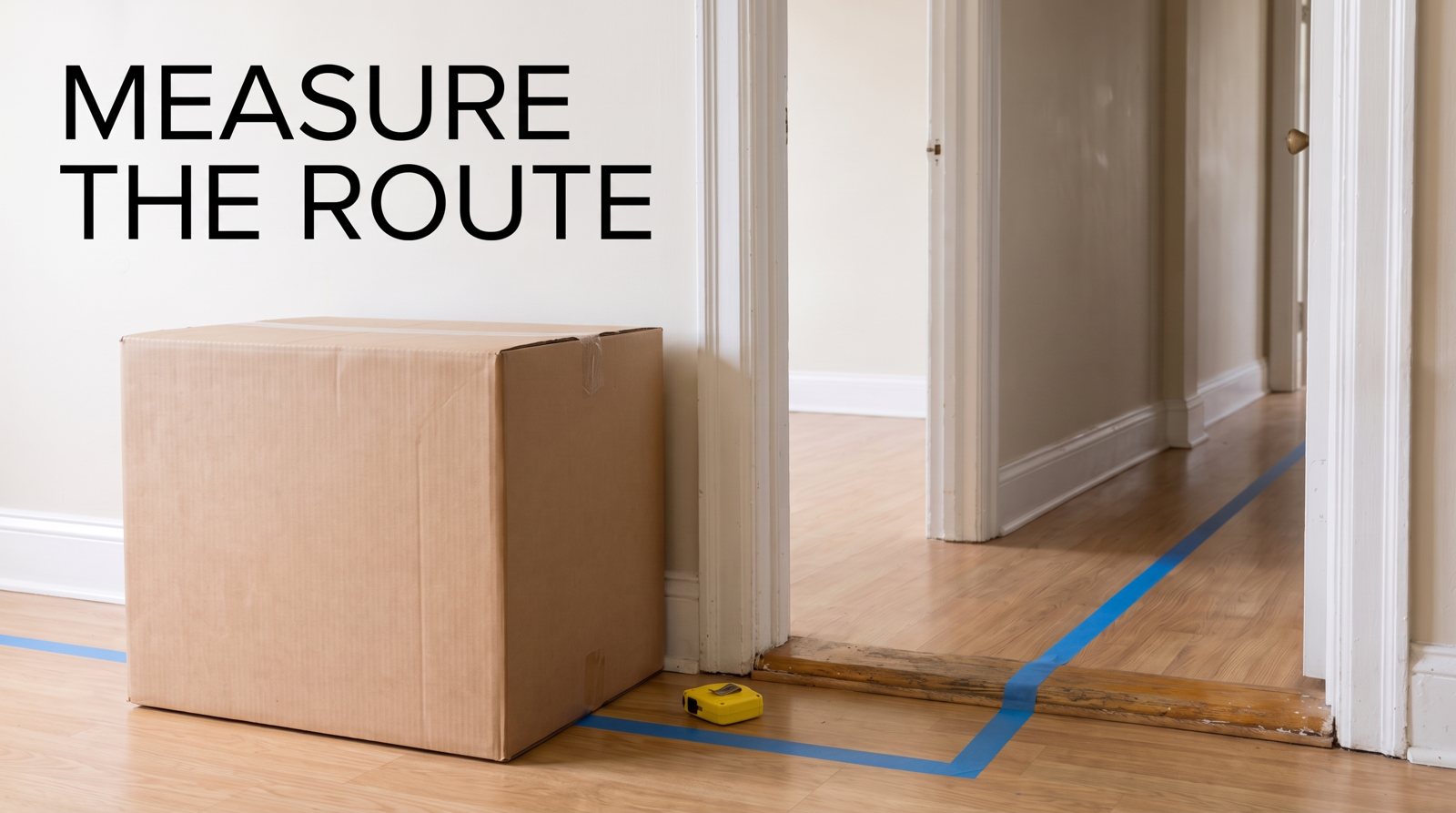 A sealed equipment carton beside an apartment doorway with a marked delivery route.