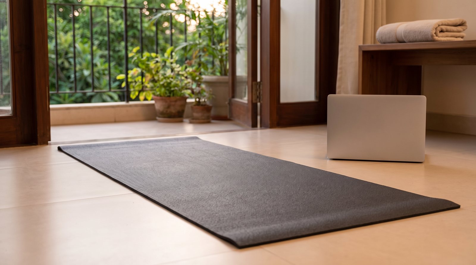 An exercise mat beside a window and laptop.