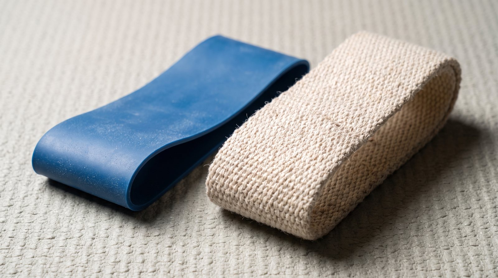 A smooth latex exercise loop beside a wider woven fabric loop.