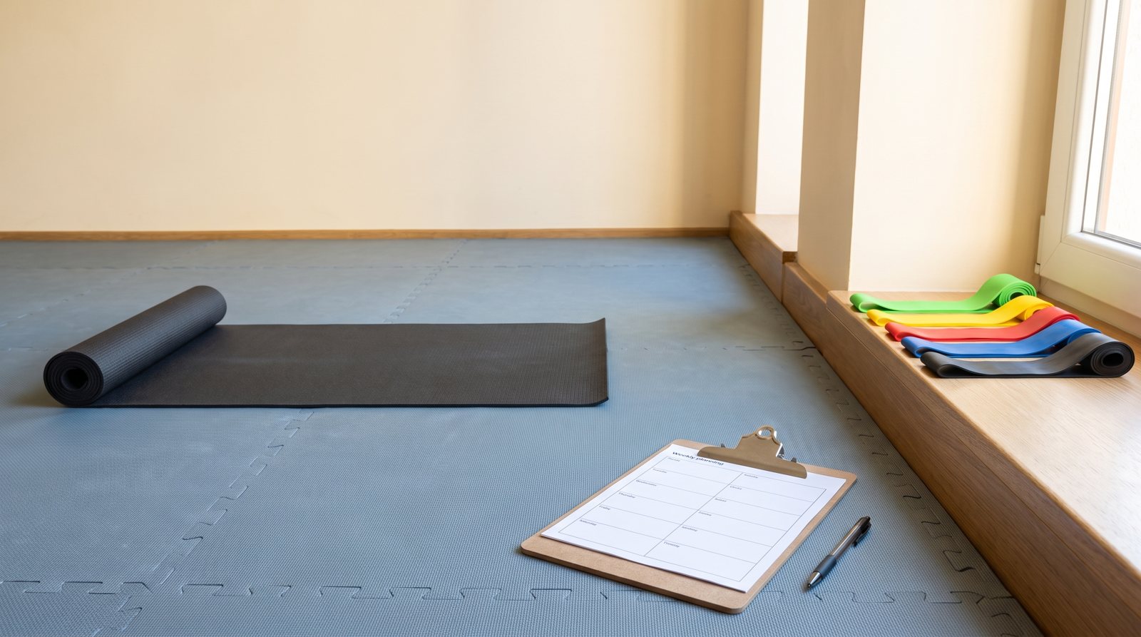 A weekly planning sheet beside an exercise mat and resistance bands.
