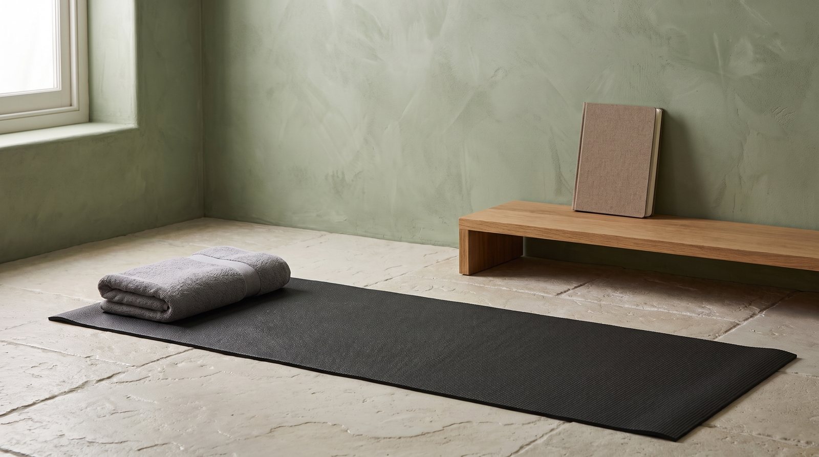 A clear exercise mat with a towel and training notebook nearby.