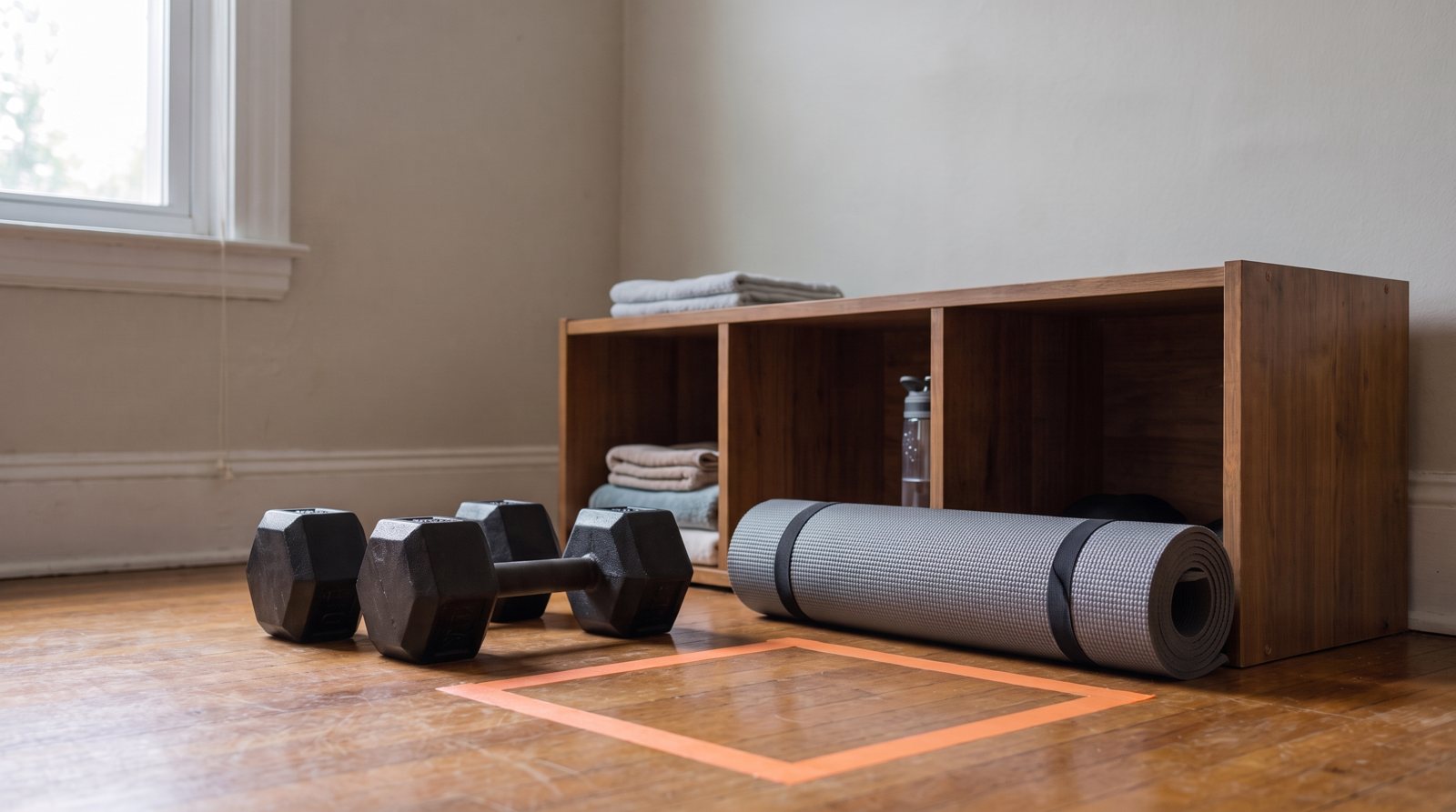 Dumbbells and a rolled mat stored beside a taped exercise area.