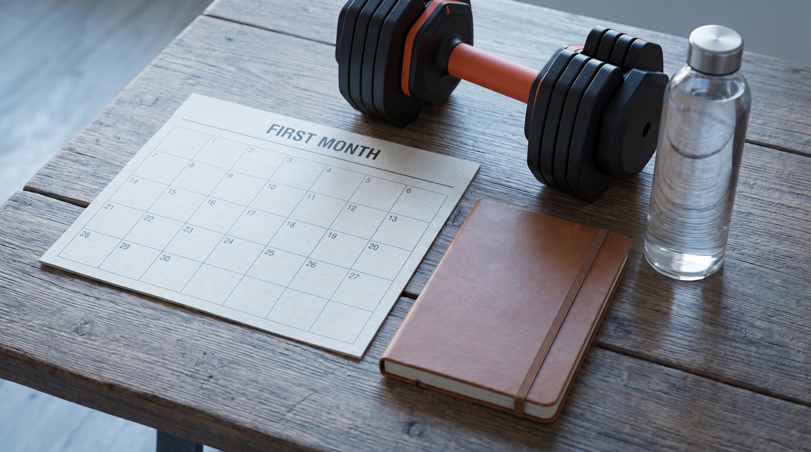 A blank monthly planner and training notebook beside a dumbbell.