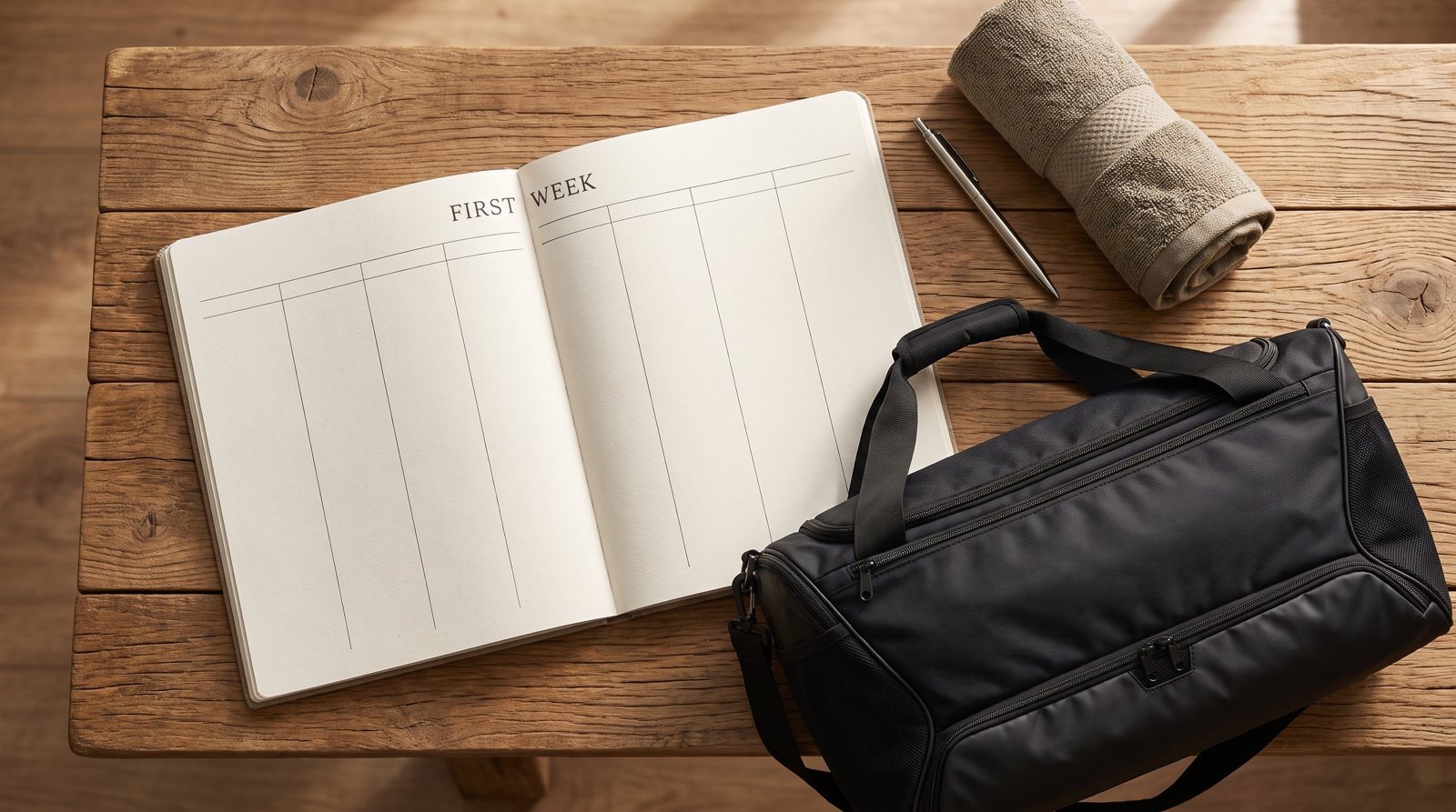 A blank weekly planner beside a packed bag for a first week at the gym.