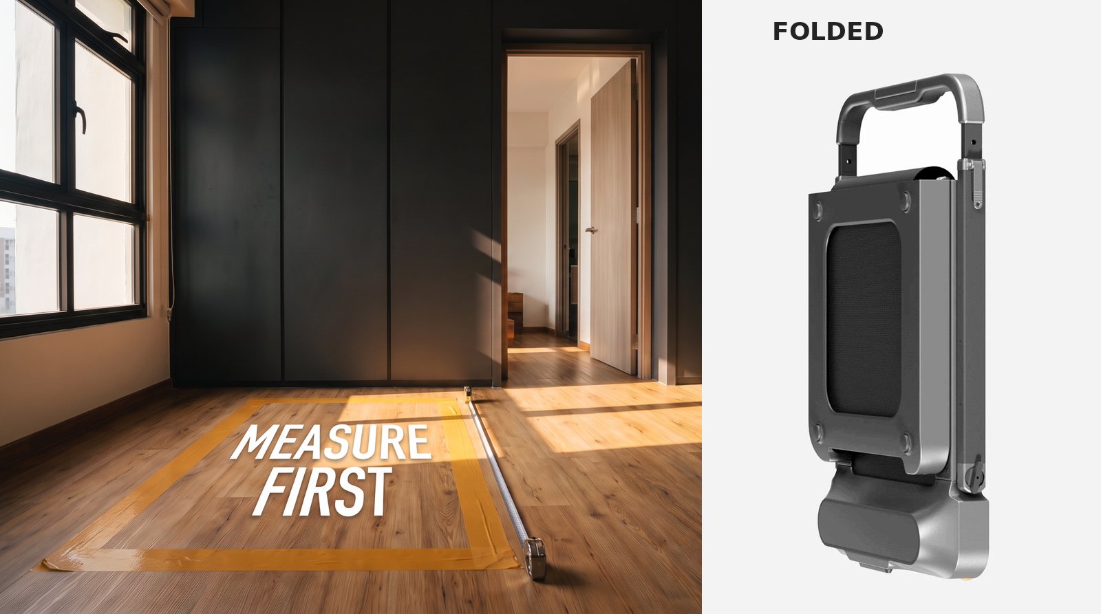 A taped floor area to measure before use, beside a manufacturer photograph of a folded WalkingPad R2.